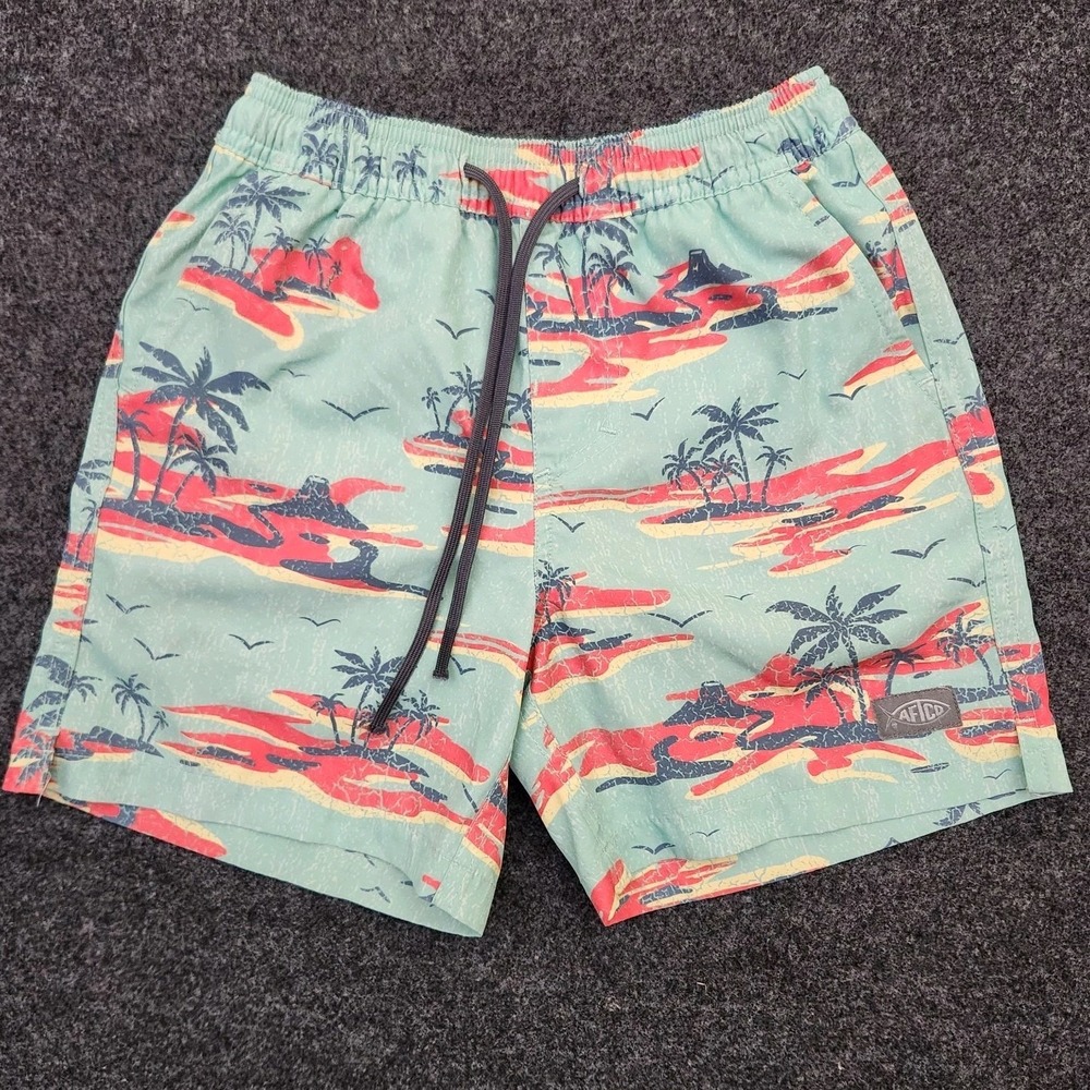 Aftco Boys Youth Small Blue Tropical Sunset Swim Shorts Drawstring Pocket Trunks